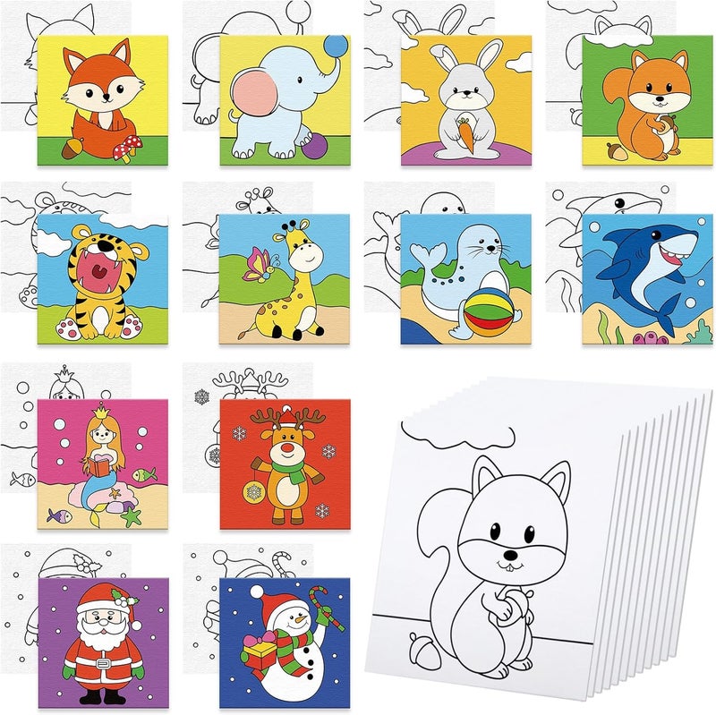 Anseal 12 Packs Pre Drawn Canvas to Paint, 4" X 4" Animal Pre-Printed Canvas Paint Party, Stretched Outline Painting Boards for Beginners, Party Favor - Image 1